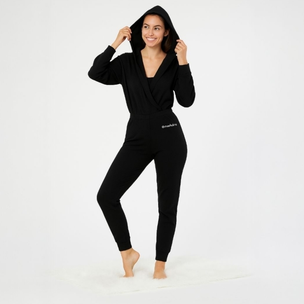 NAMA Enlighten Hooded Jumpsuit Black Cotton Stretch Travel Lounge One Piece XS